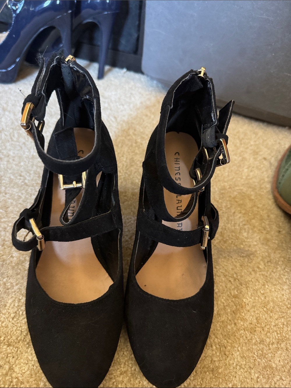 Chinese Laundry Black Suede Multi-Strap Ankle Pumps